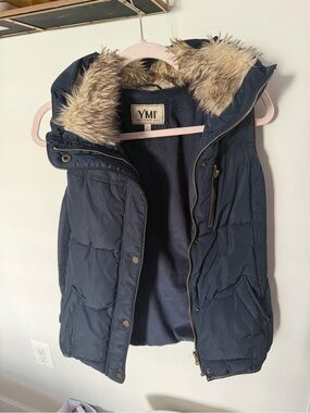 YMI Collection Hooded Faux-Fur Trim Puffer Vest Navy Blue - Size L